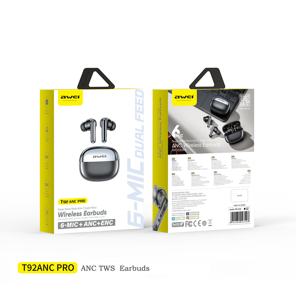 AWEI T92 ANC Pro Earphone (Sound Audio,Active Noise Cancellation,Clear Calls)